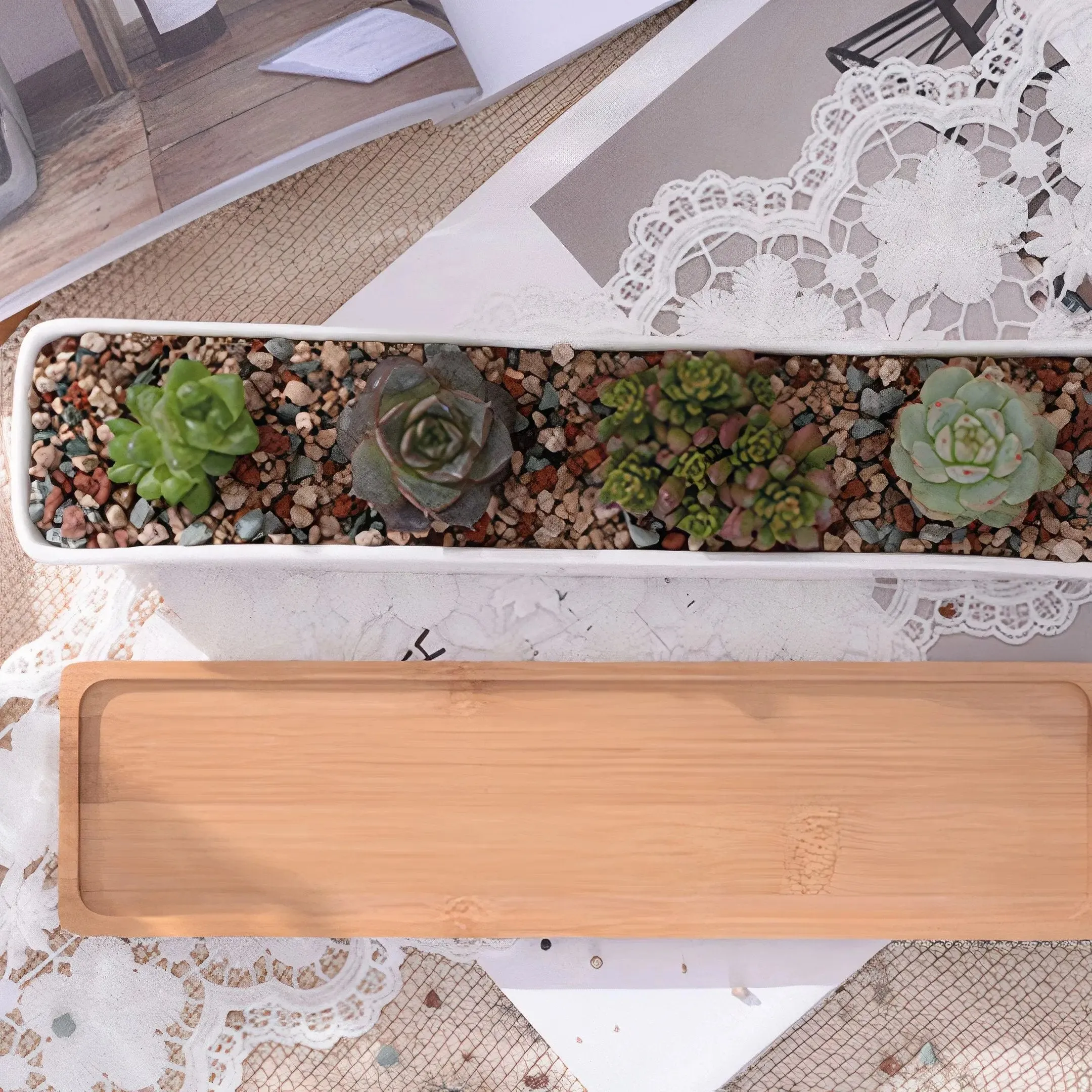 11" Modern Rectangular Ceramic Succulent Planter with Bamboo