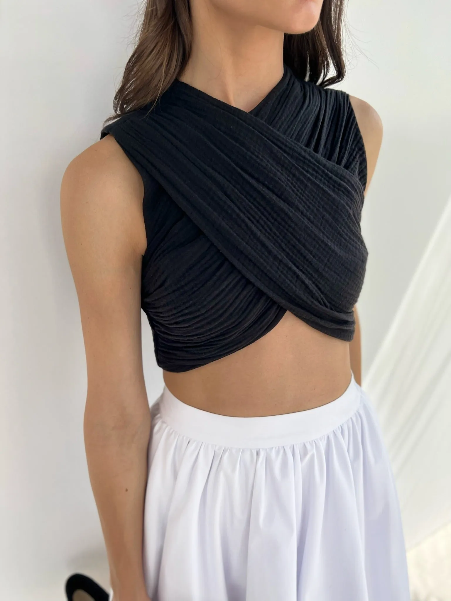 Alexia Cross Front Cotton Top | Black