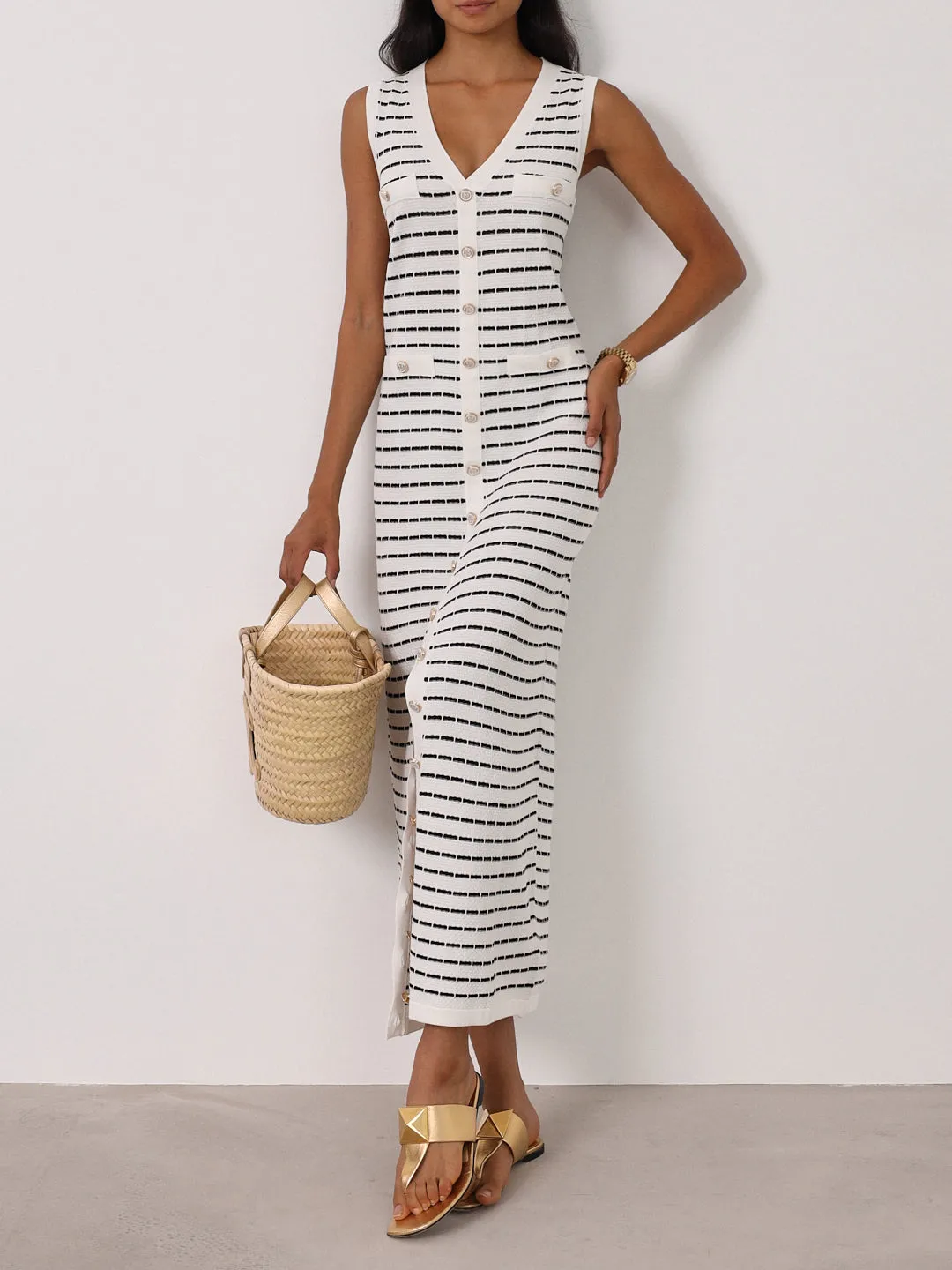 Ava Knitted Stripe Button Dress | White/Navy