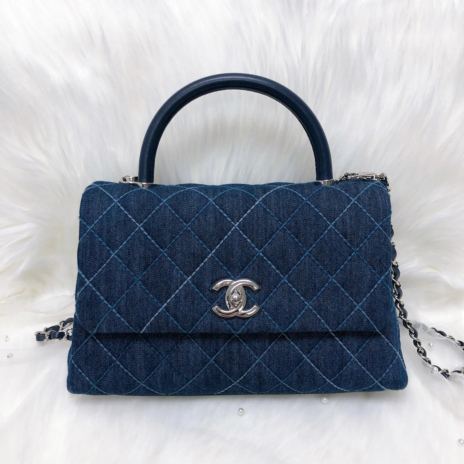 Blue Denim Quilted Medium Coco Handle Flap