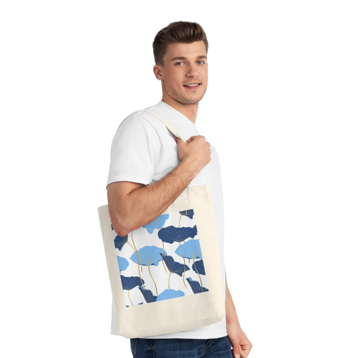 Blue Floral Woven Tote Bag