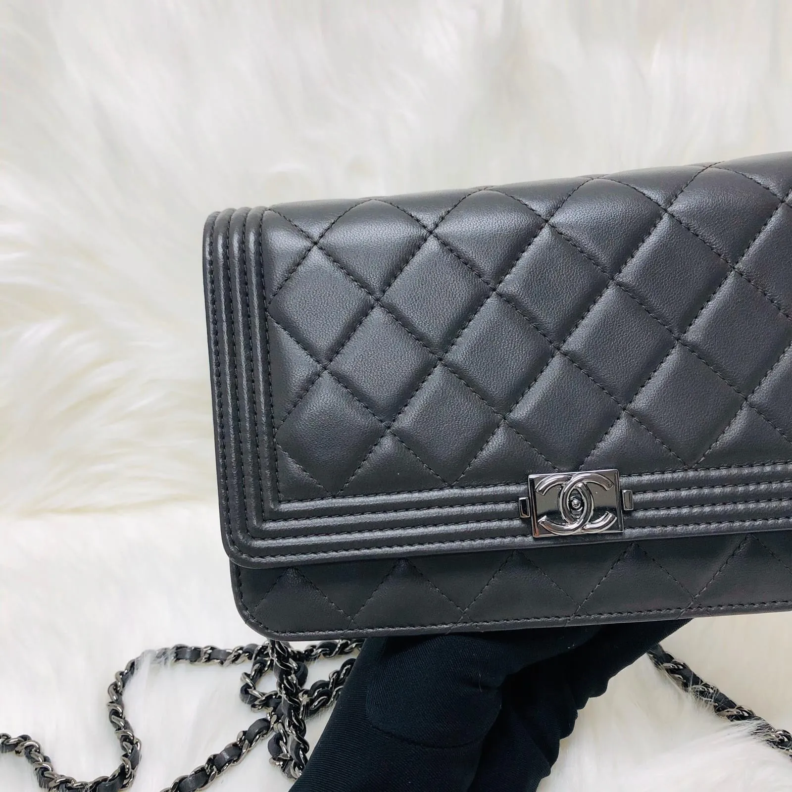 Boy WOC Dark Grey Quilted Lambskin Leather with Aged SHW