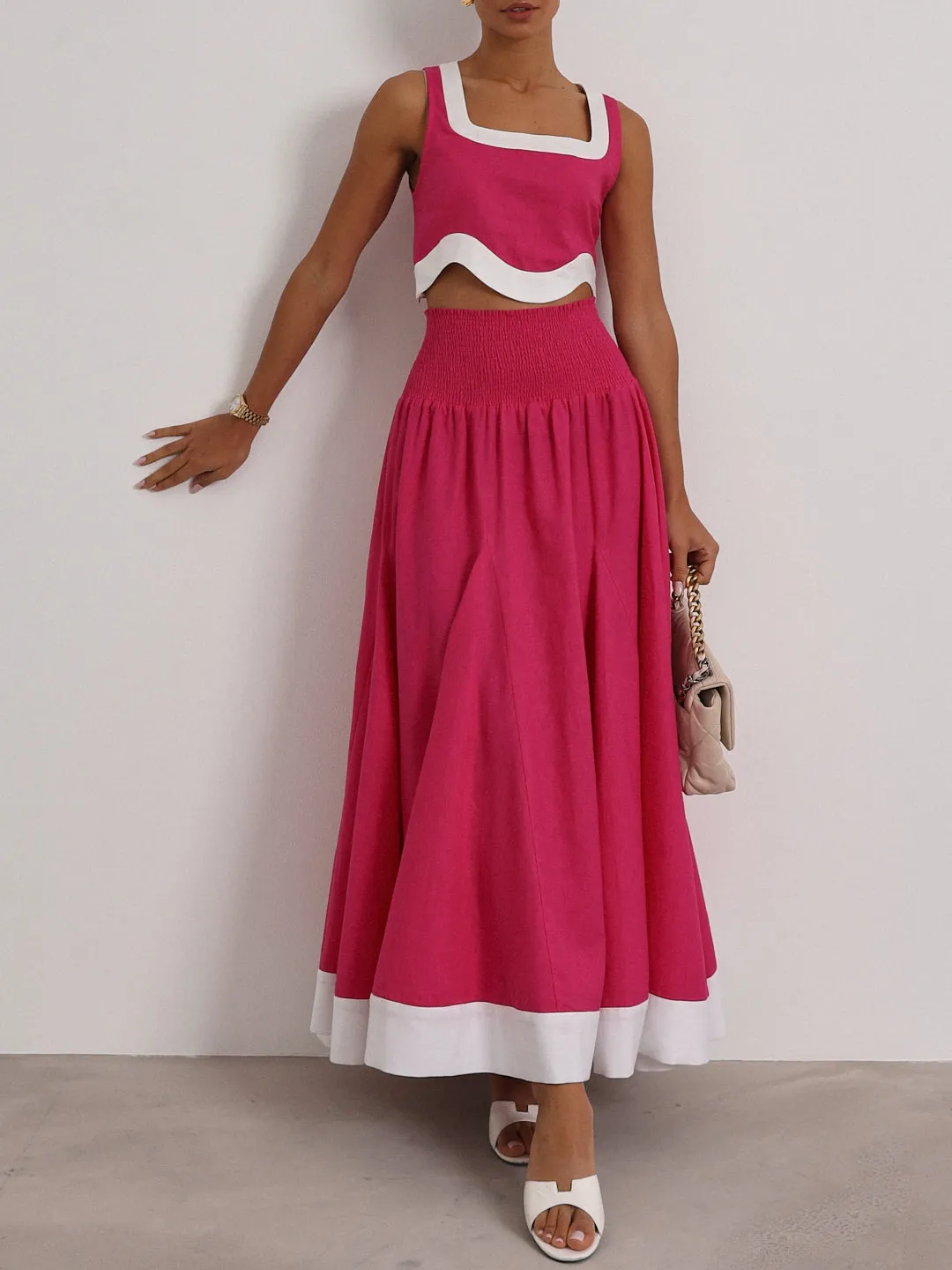 Carrie Shirred Contrast Dream Skirt | Pink/White