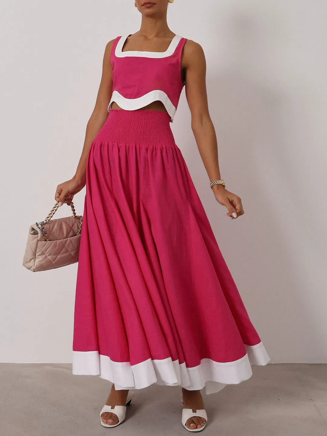 Carrie Shirred Contrast Dream Skirt | Pink/White