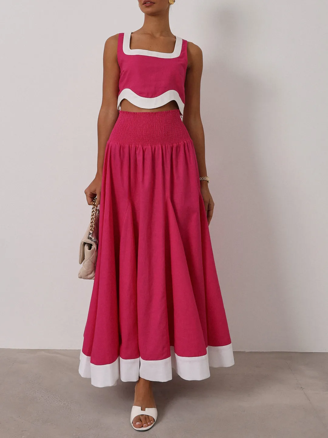 Carrie Shirred Contrast Dream Skirt | Pink/White