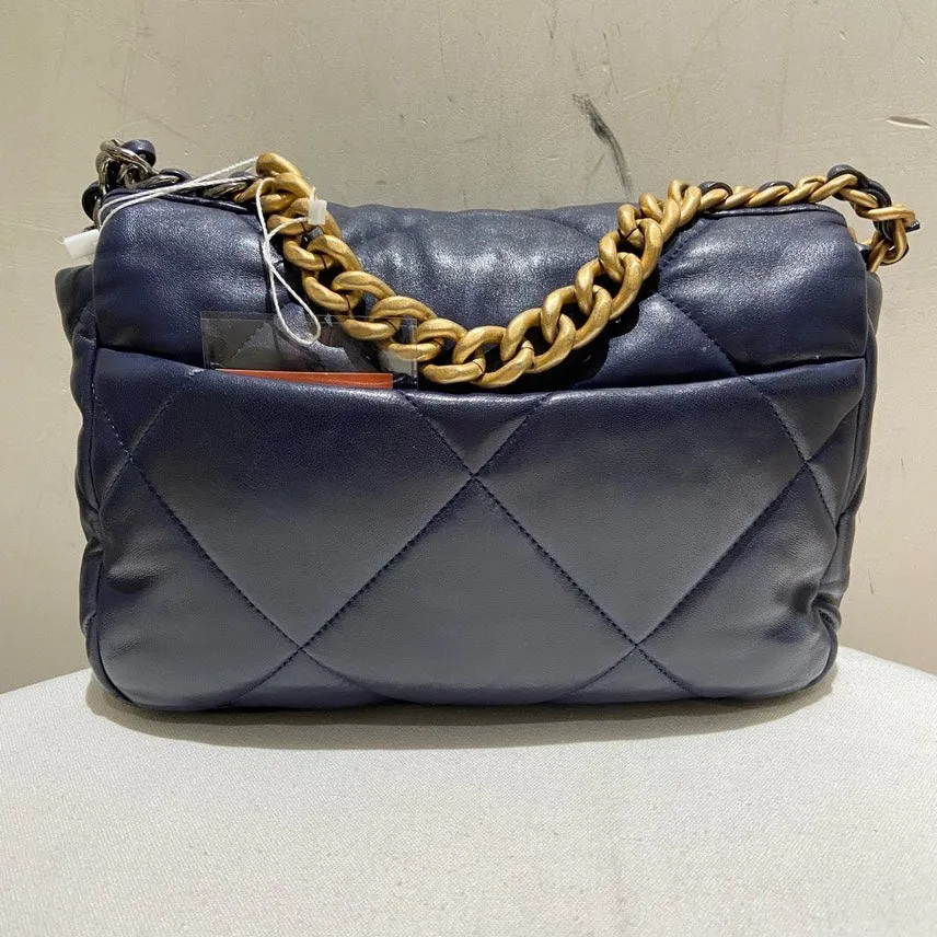 Chanel 19 Navy Leather Quilted Flap Bag Small