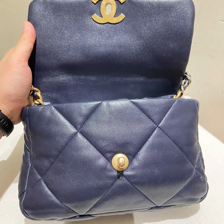 Chanel 19 Navy Leather Quilted Flap Bag Small