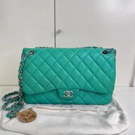 Chanel Cf Jumbo Bag Green Quilted Leather Silver-Tone Chain Strap