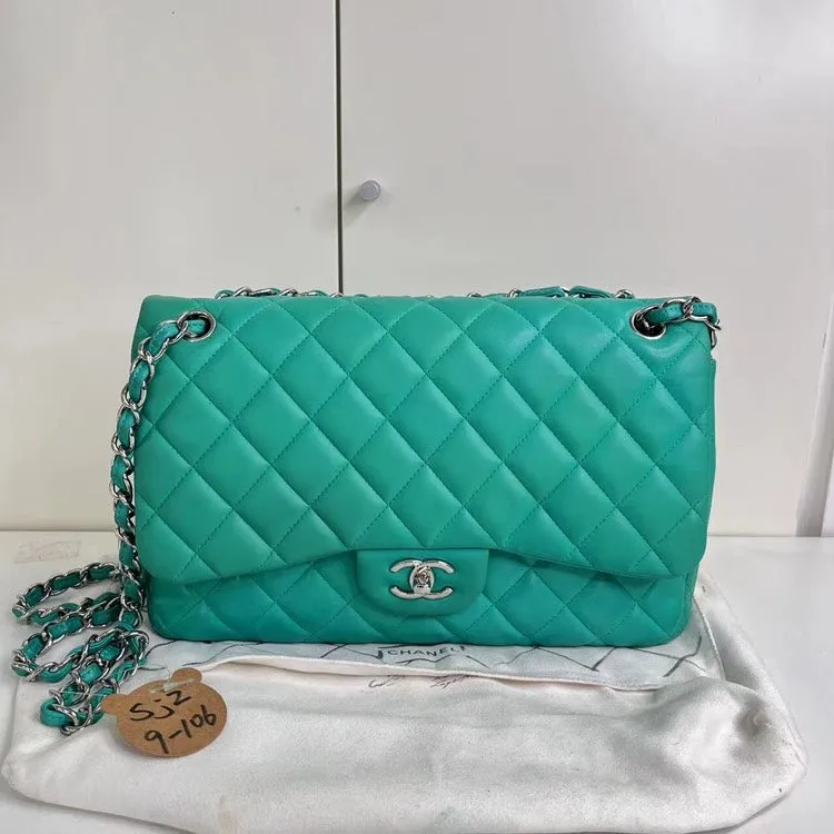 Chanel Cf Jumbo Bag Green Quilted Leather Silver-Tone Chain Strap