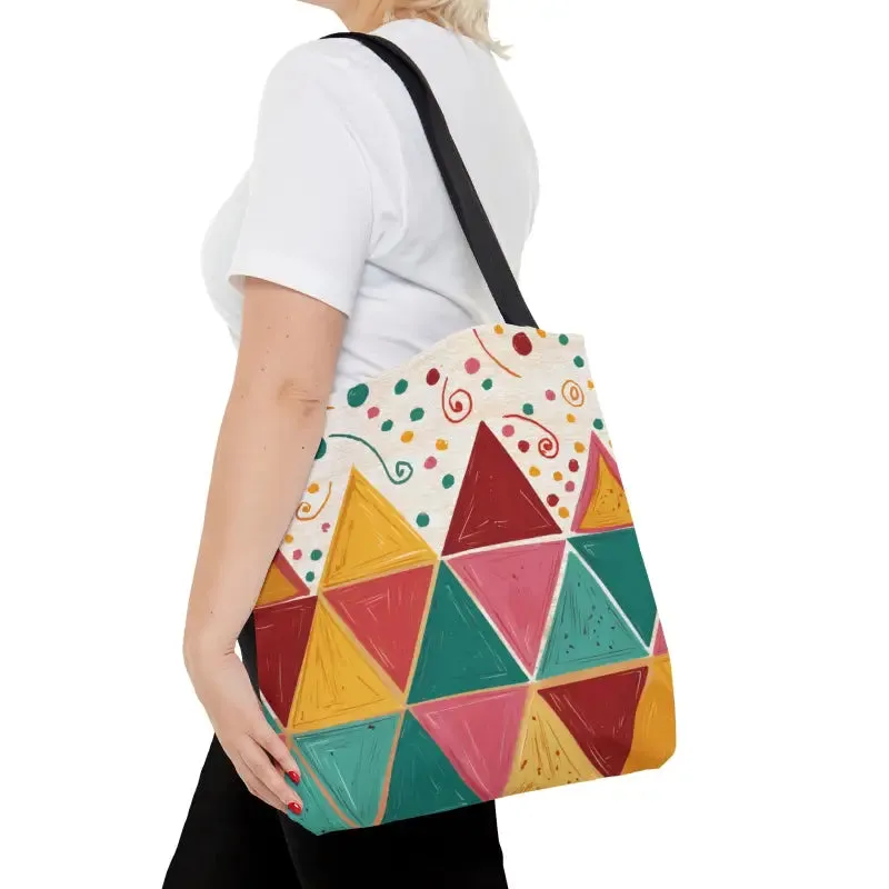 Chic Black Cotton Geometrical Pattern Tote Bag