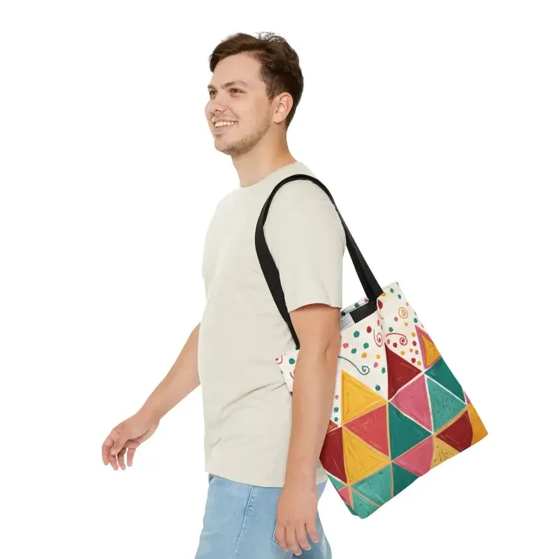 Chic Black Cotton Geometrical Pattern Tote Bag