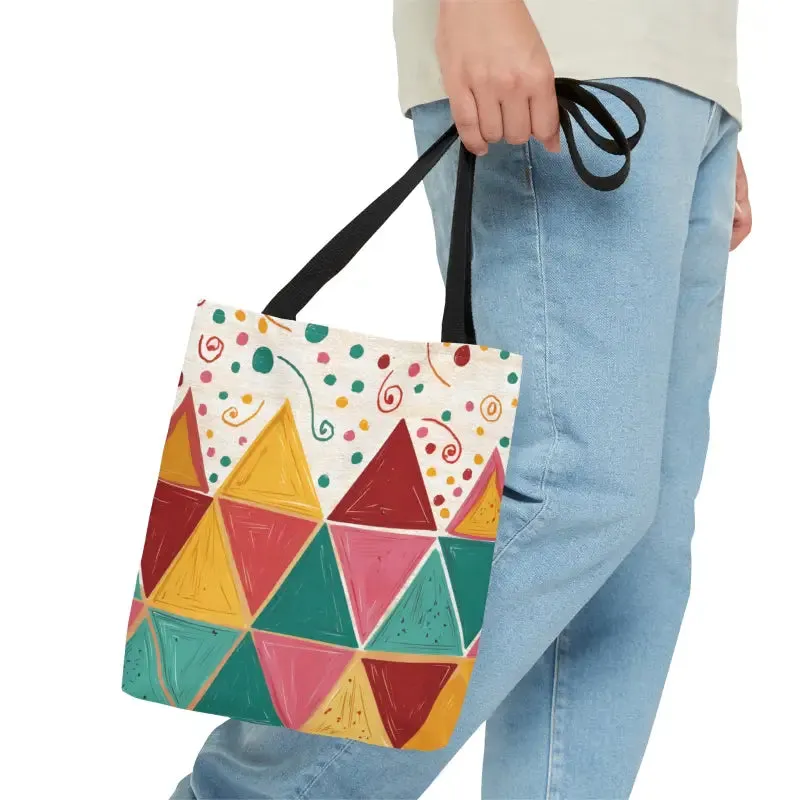 Chic Black Cotton Geometrical Pattern Tote Bag