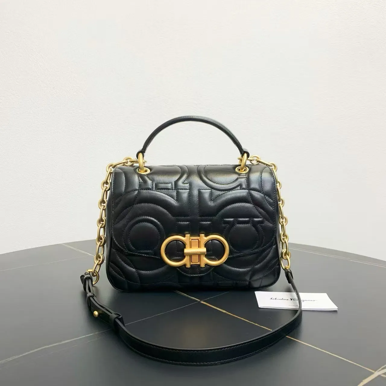 Ferragamo Black Quilted Leather Two-Way Bag Medium