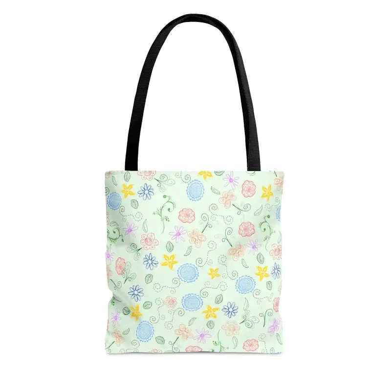 Green Floral Pattern Tote Bag with Geometric Accents