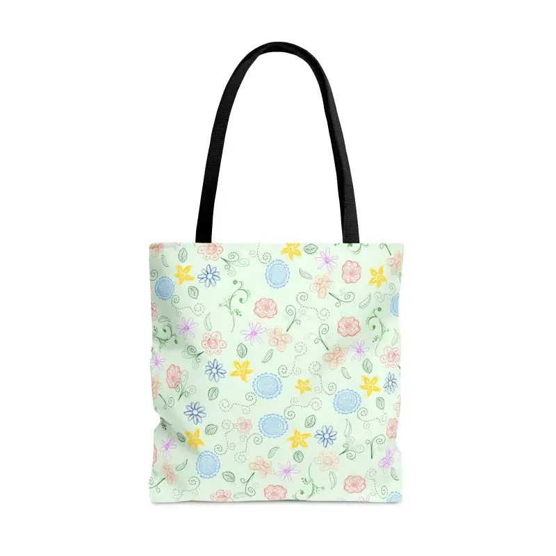 Green Floral Pattern Tote Bag with Geometric Accents