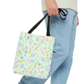 Green Floral Pattern Tote Bag with Geometric Accents