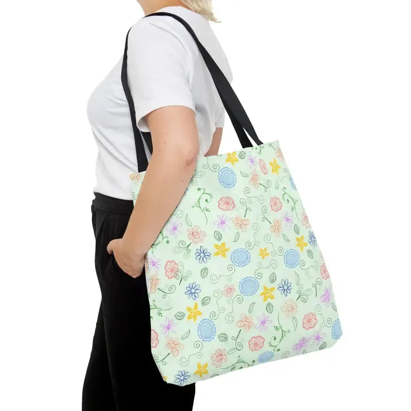 Green Floral Pattern Tote Bag with Geometric Accents