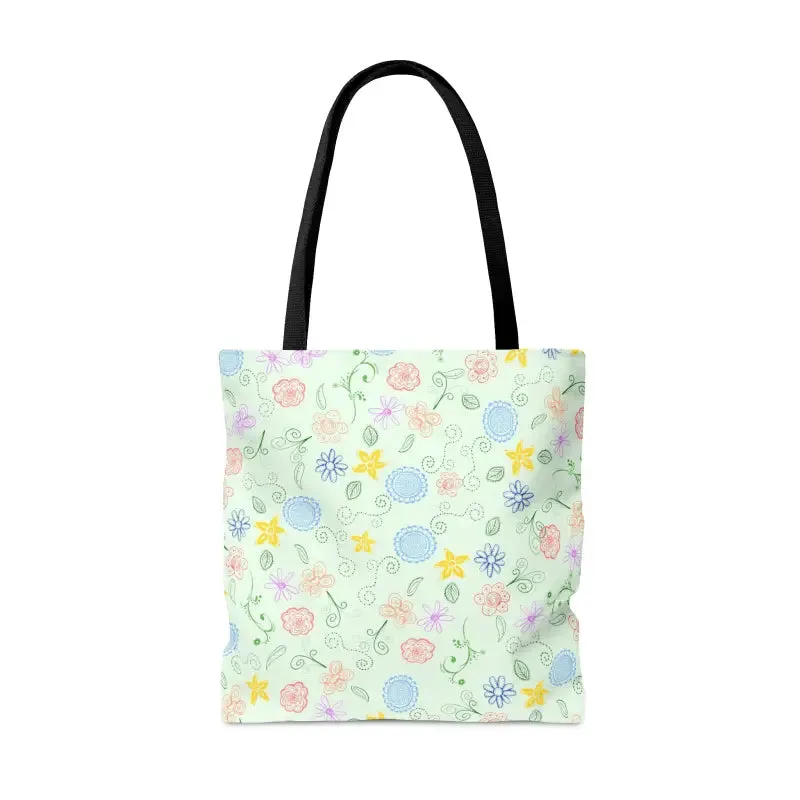 Green Floral Pattern Tote Bag with Geometric Accents
