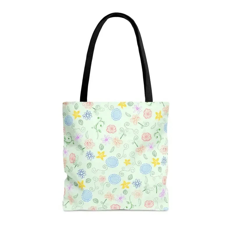 Green Floral Pattern Tote Bag with Geometric Accents