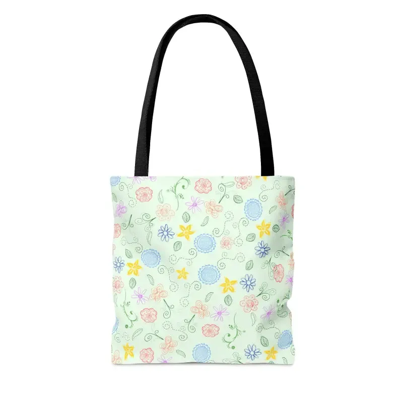 Green Floral Pattern Tote Bag with Geometric Accents