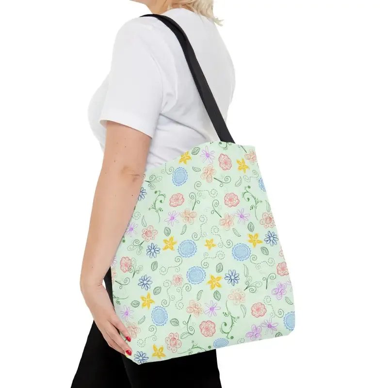 Green Floral Pattern Tote Bag with Geometric Accents