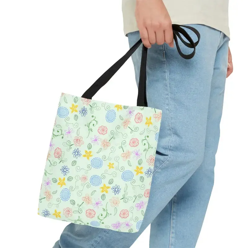 Green Floral Pattern Tote Bag with Geometric Accents