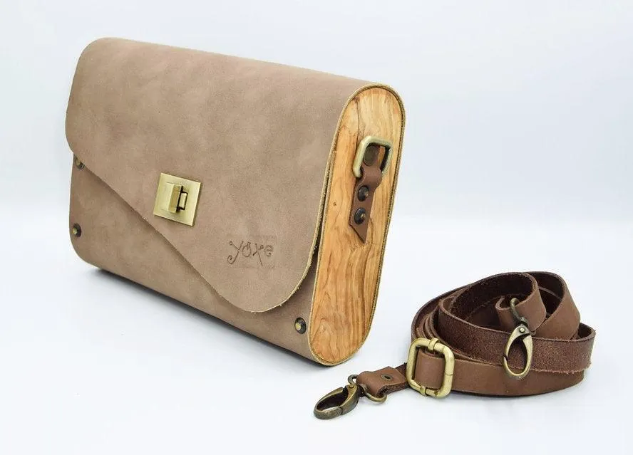 Mocha brown leather wood women bag