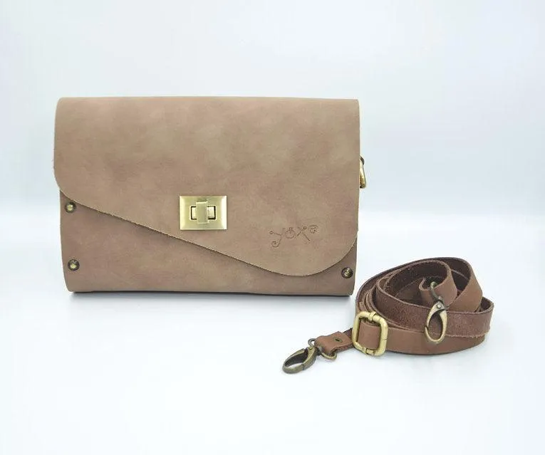 Mocha brown leather wood women bag