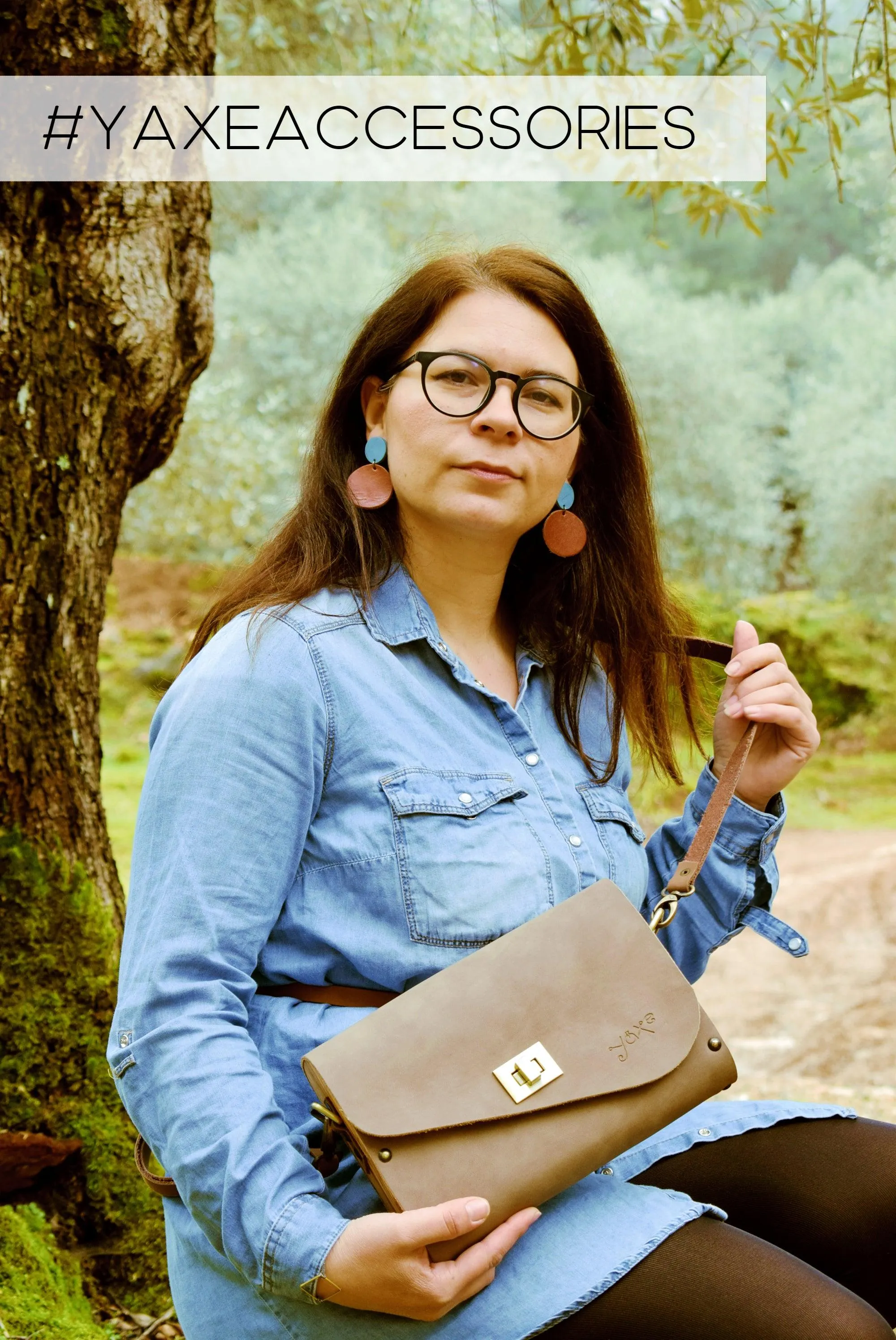Mocha brown leather wood women bag