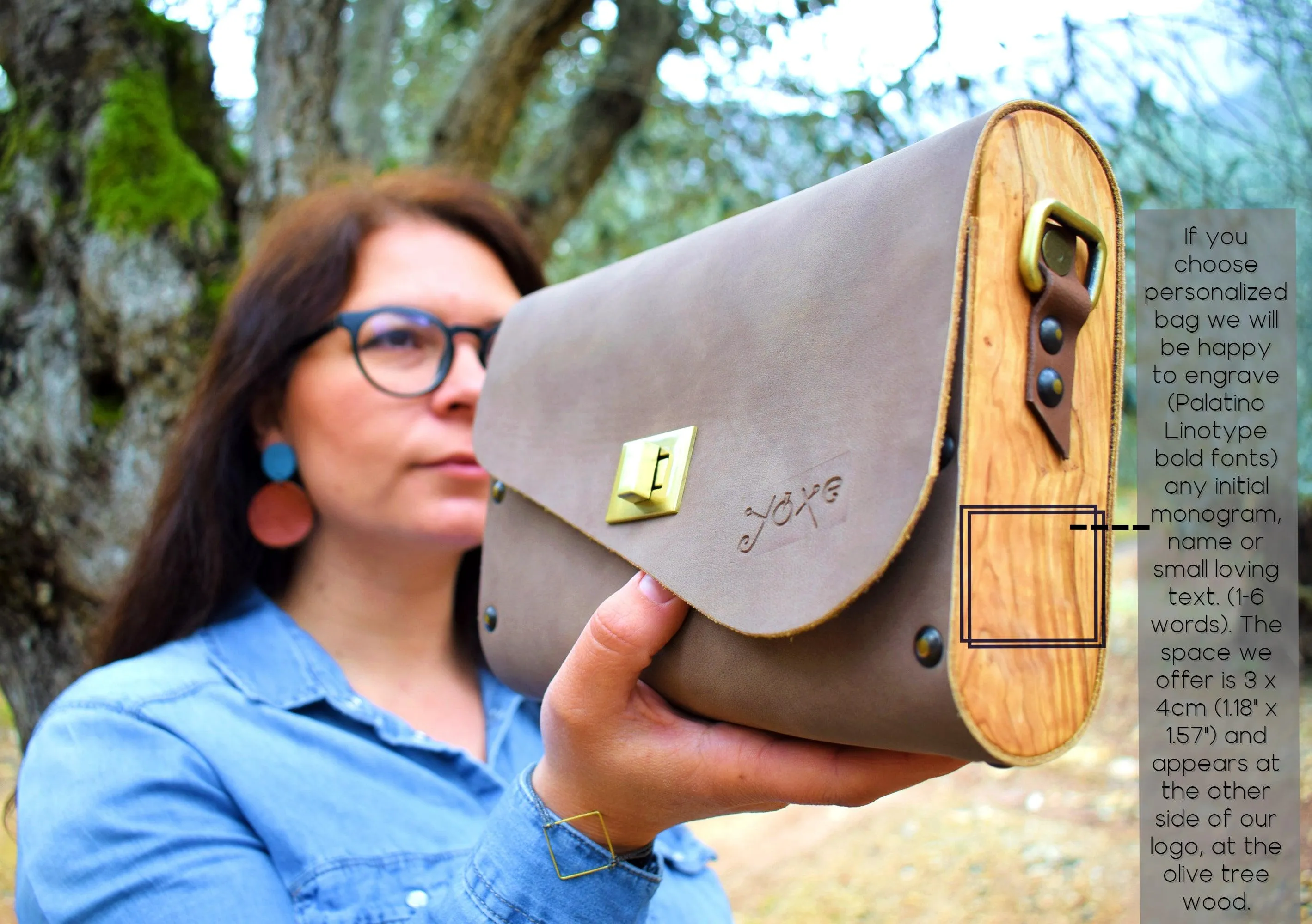 Mocha brown leather wood women bag
