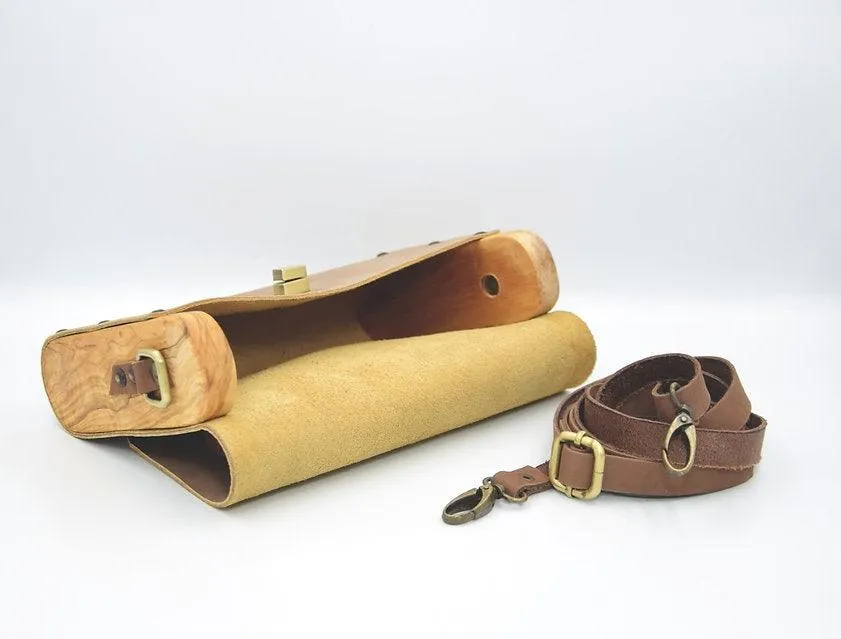 Mocha brown leather wood women bag