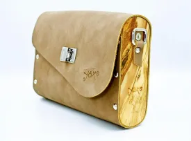 Mocha brown leather wood women bag