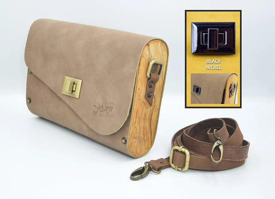 Mocha brown leather wood women bag