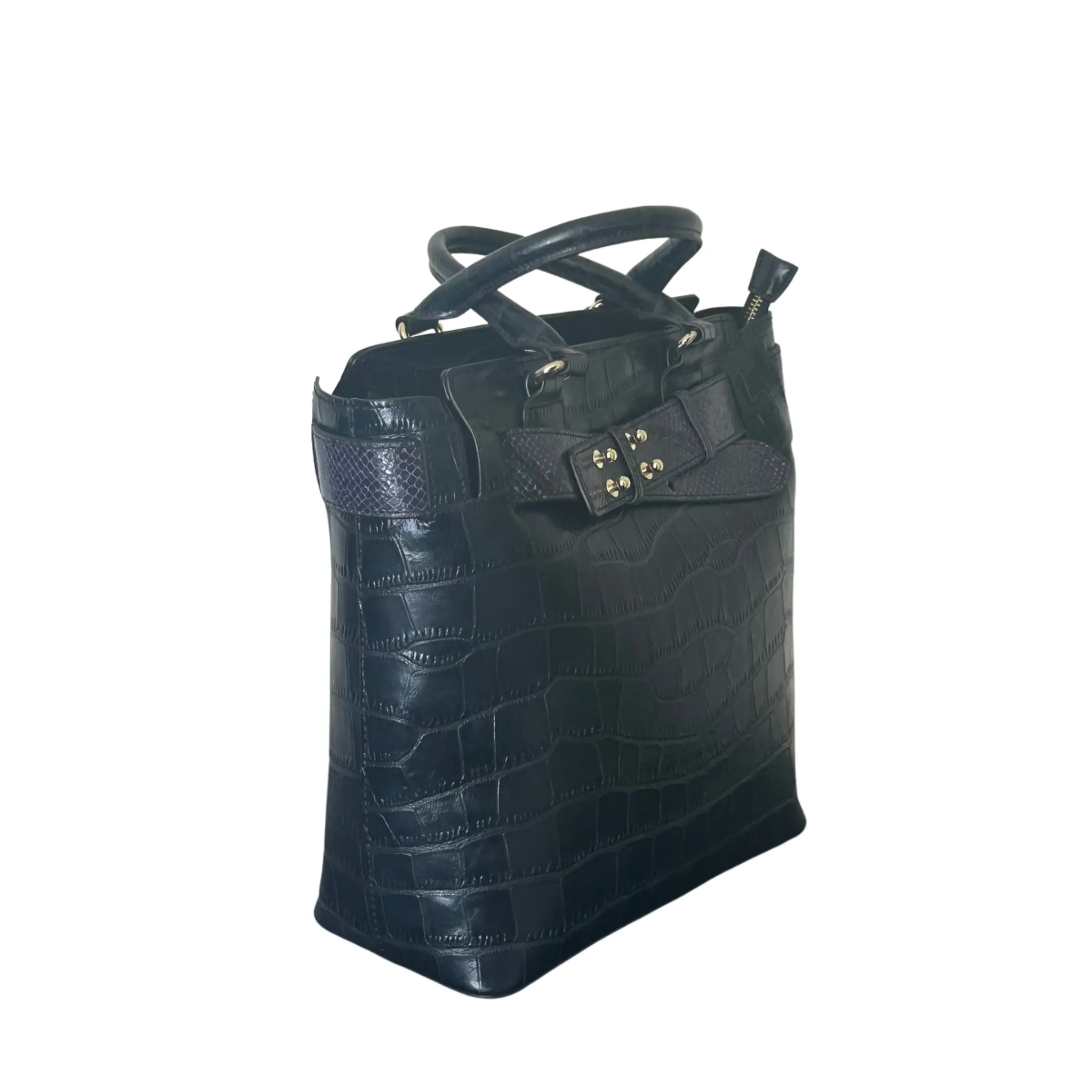 Navy Blue Leather Reptile Embossed Tote Bag
