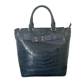 Navy Blue Leather Reptile Embossed Tote Bag