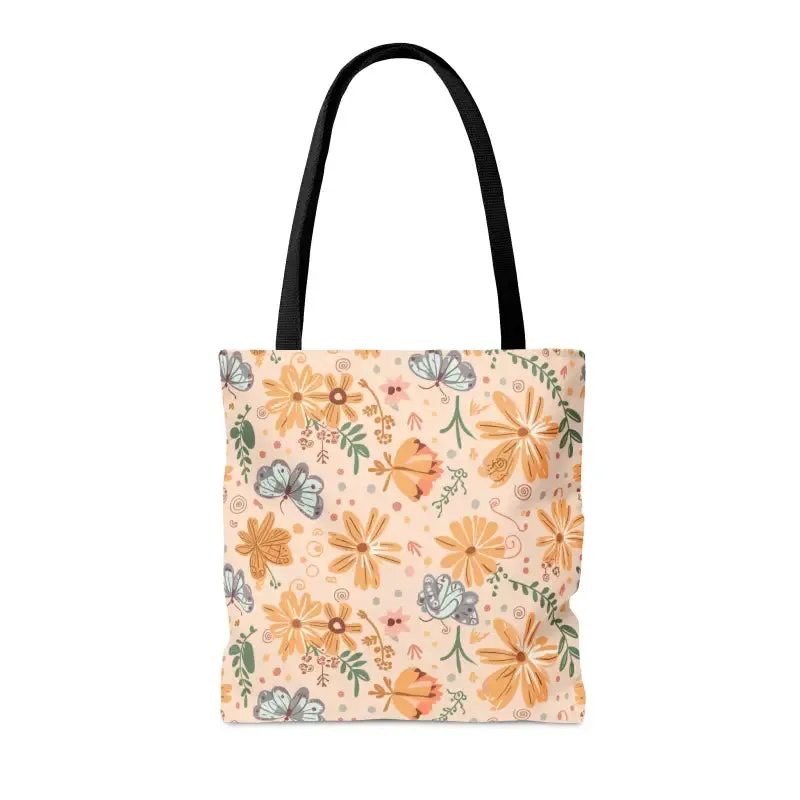Orange Butterfly Floral Tote with Black Cotton Handles