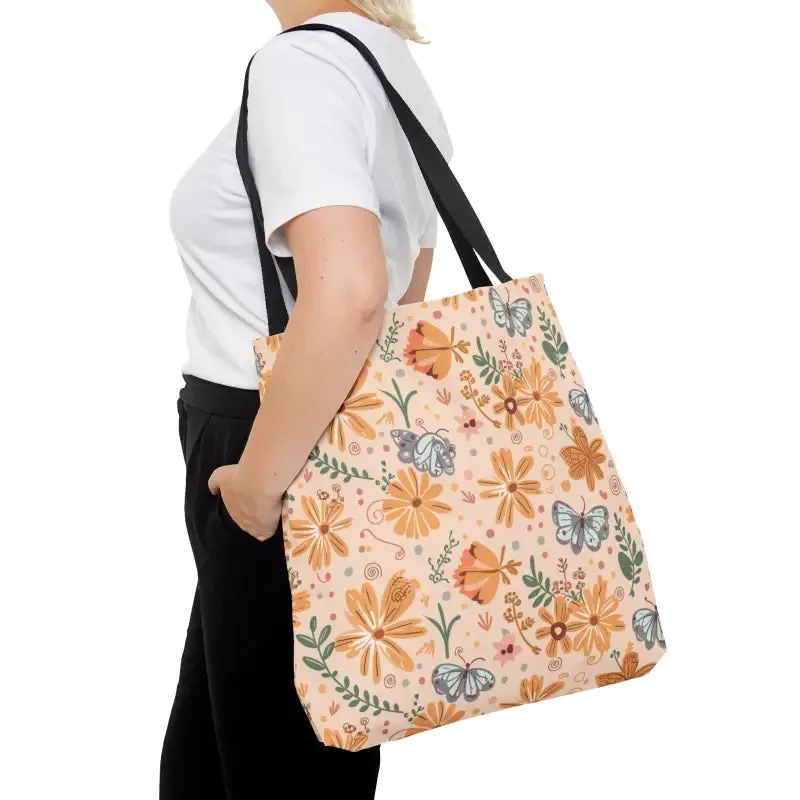 Orange Butterfly Floral Tote with Black Cotton Handles