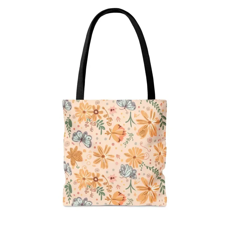Orange Butterfly Floral Tote with Black Cotton Handles