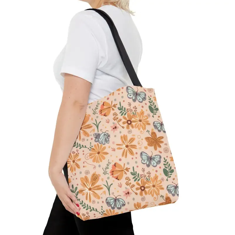Orange Butterfly Floral Tote with Black Cotton Handles