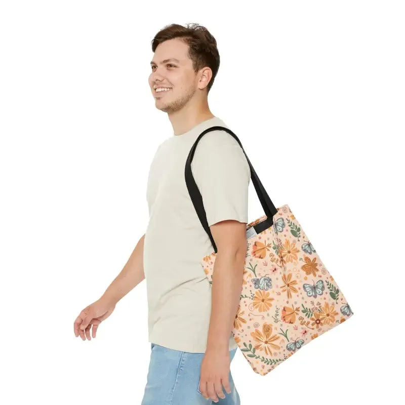 Orange Butterfly Floral Tote with Black Cotton Handles