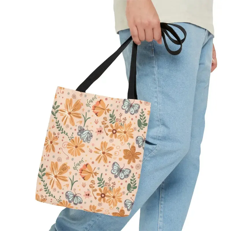 Orange Butterfly Floral Tote with Black Cotton Handles