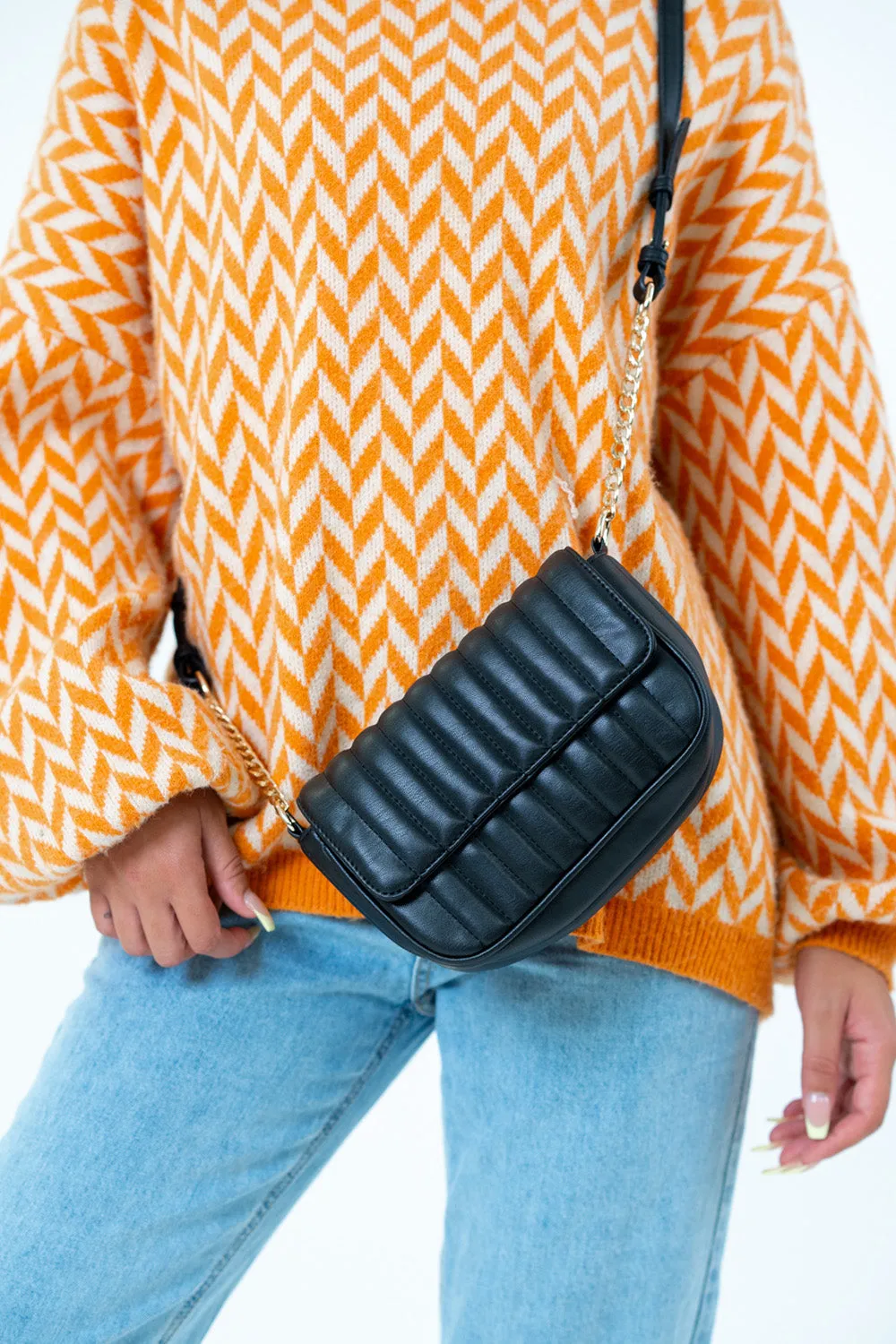 Padded Quilted Faux Leather Crossbody Bag In Black