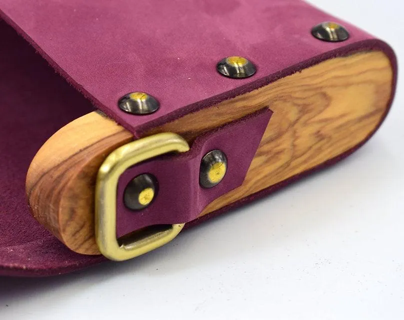 Pink belt bag from leather and wood