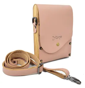 Pink belt bag from leather and wood