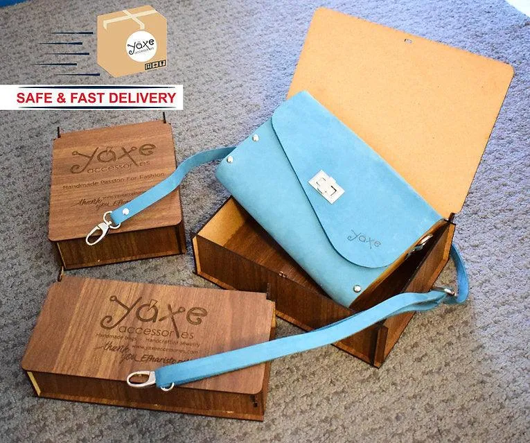 Pink belt bag from leather and wood