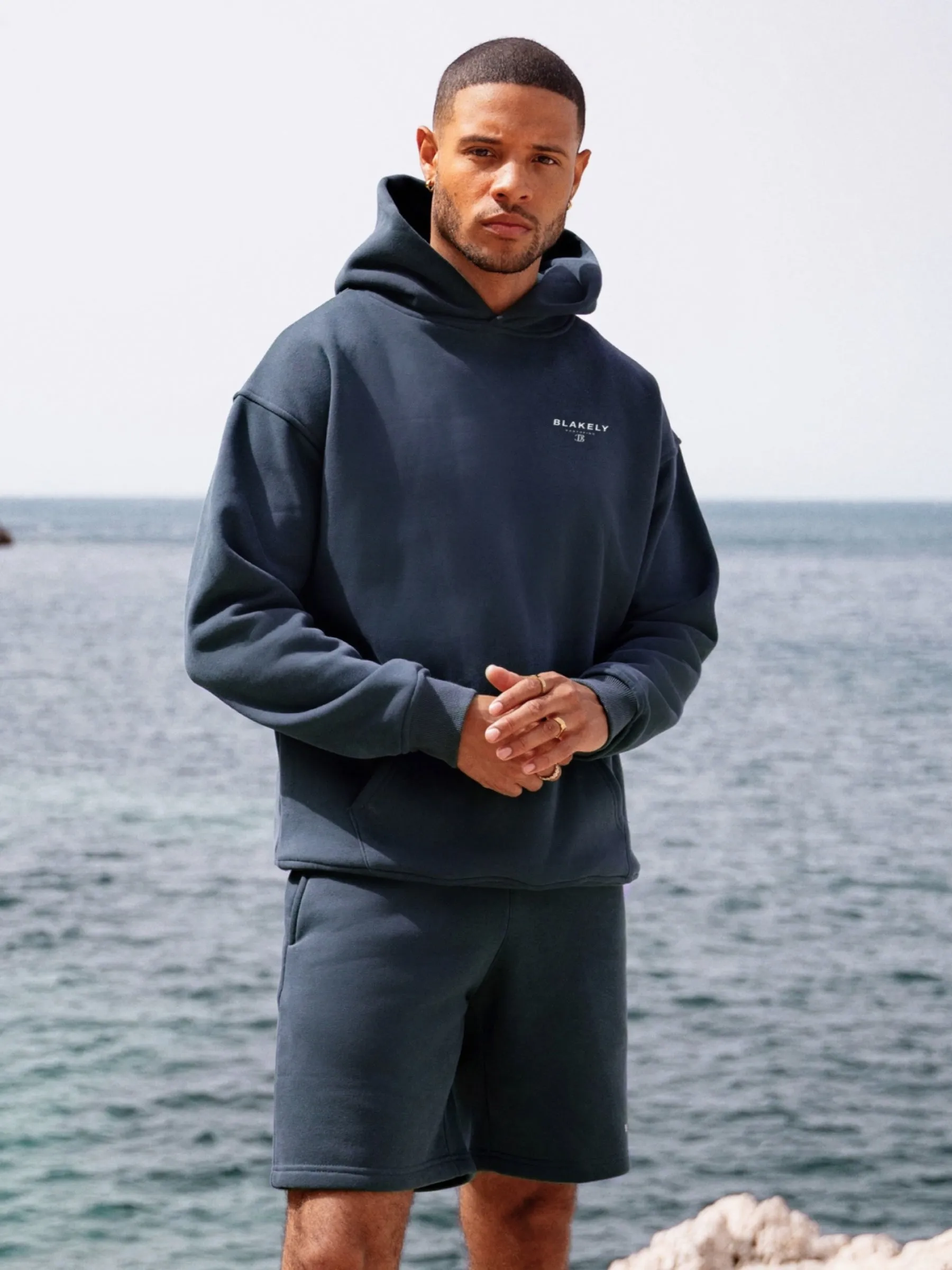 Riviera Initial Relaxed Hoodie - Mid Blue