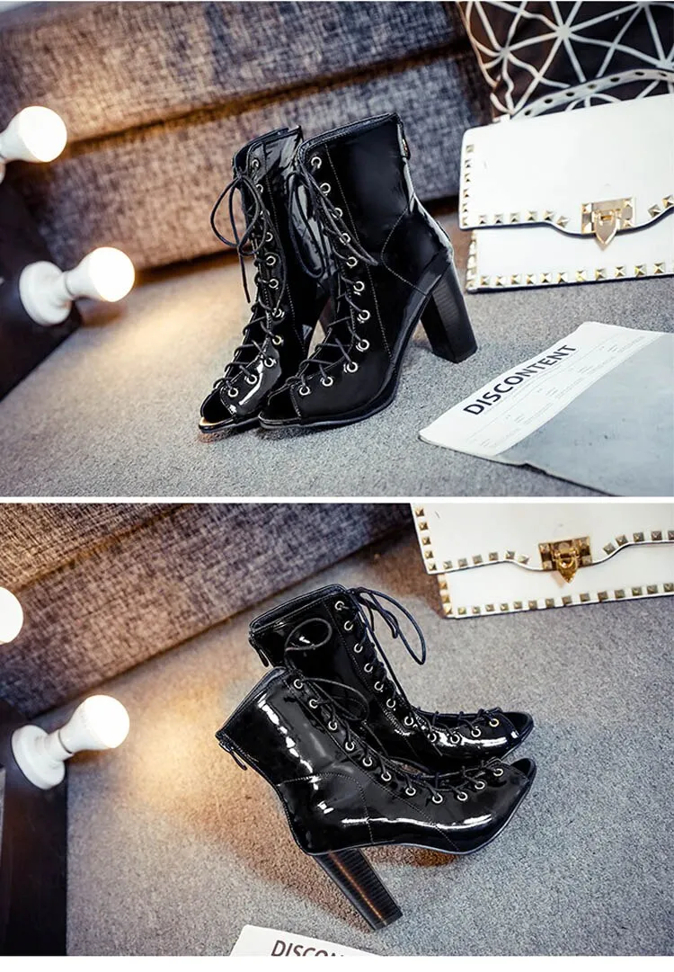 Summer Chic Denim Boots Sandals - Lace-Up Ankle Boots with Peep Toe Design