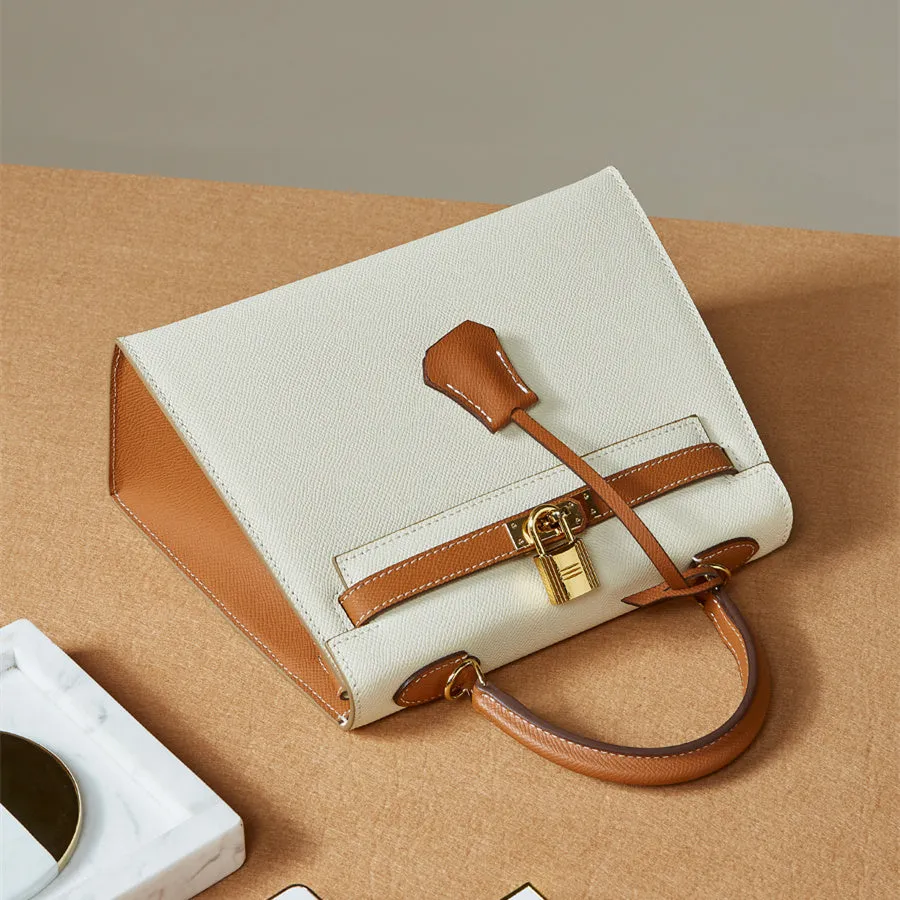 The Kelly | Luxury White & Brown Leather Handbag – Timeless & Elegant