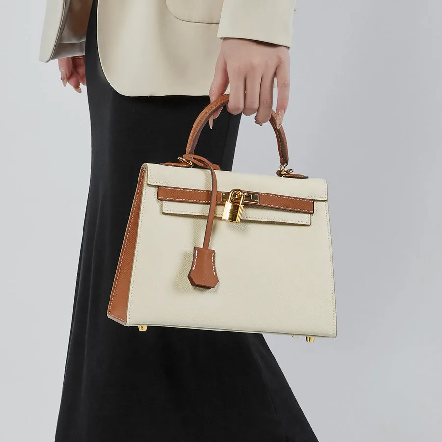 The Kelly | Luxury White & Brown Leather Handbag – Timeless & Elegant
