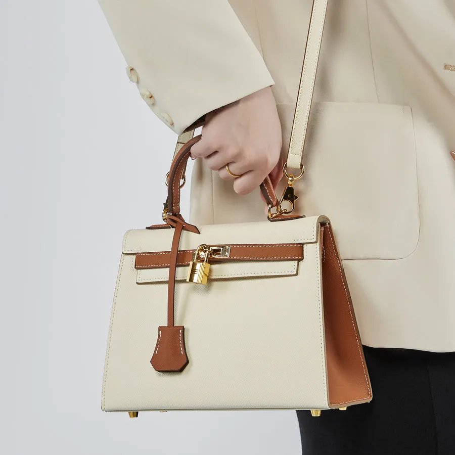 The Kelly | Luxury White & Brown Leather Handbag – Timeless & Elegant